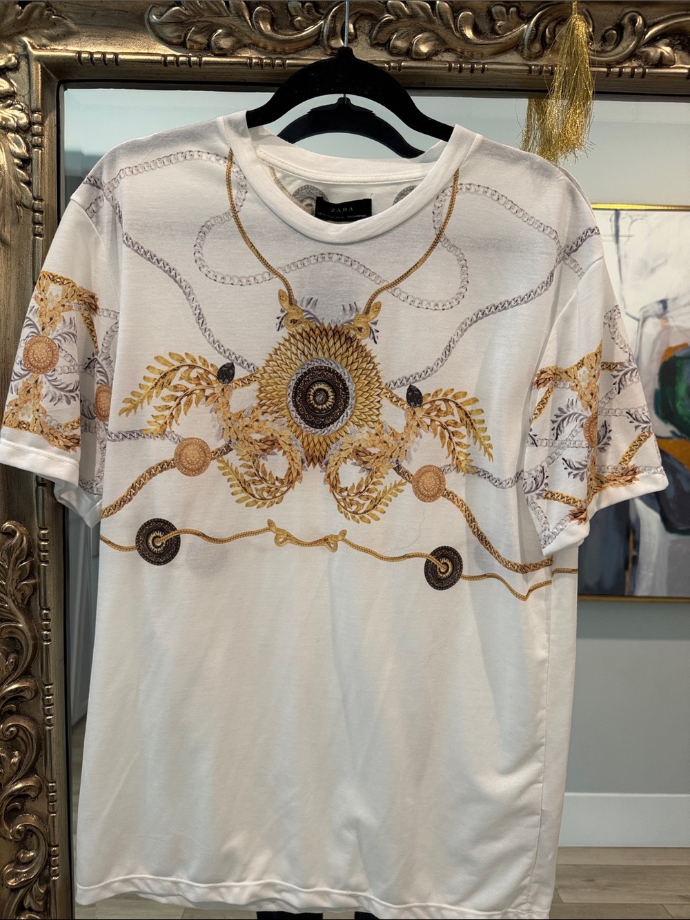 Zara White Tee with Gold and Brown Baroque Print